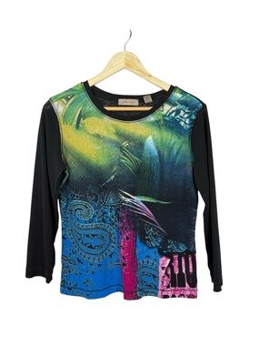 i.e. Relaxed Womens Large Y2K Abstract Mesh Top Sheer Maximalist Graphic Tee